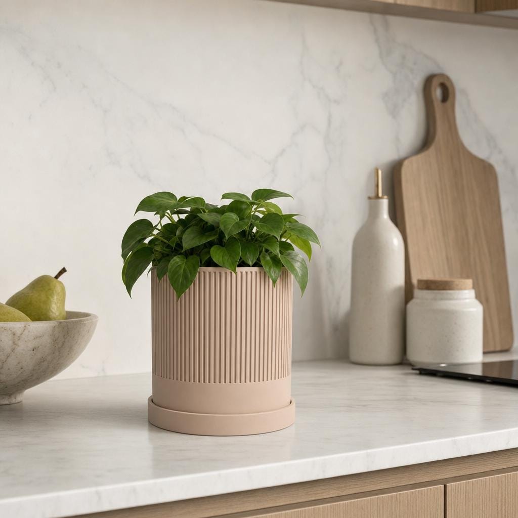 Ribbed Planter with Drip Tray | Japandi Plant Pot with Drainage | Modern Cylinder Indoor Planter